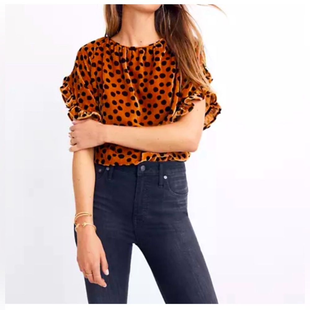 Madewell Velvet Memento Leopard Dot Ruffle Sleeve Top Burnt Sienna XS